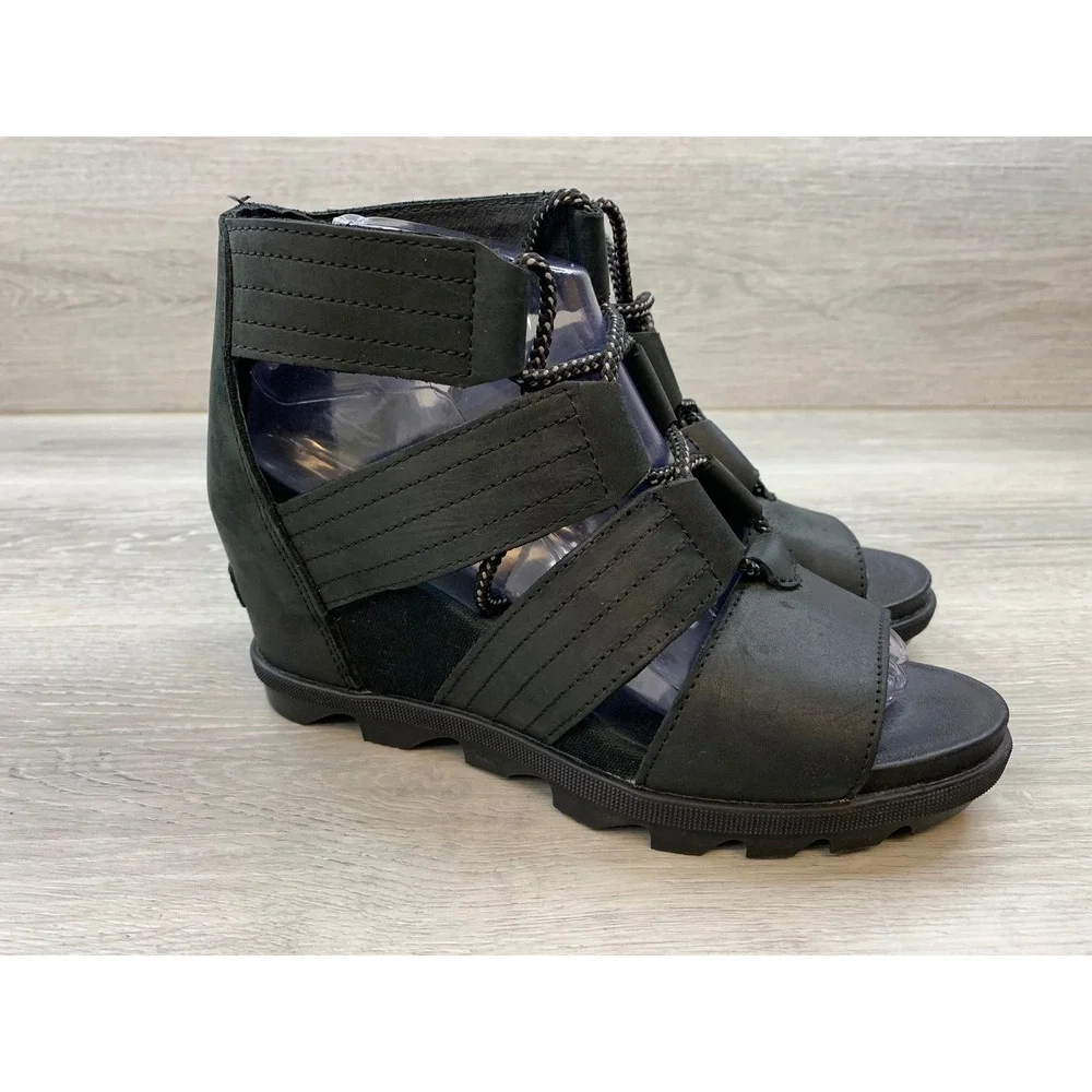 Sorel Joanie II LWomen's Lace Wedge Sandals Black Leather Gladiator 8 Shoes
